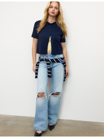 stradivarius πλεκτή ζακέτα με κουμπιά και γιακά μάο σκούρο