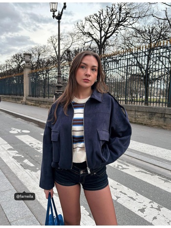 stradivarius μπουφάν balloon από συνθετικό σουέντ navy blue