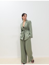 stradivarius σατινέ παντελόνι με πιέτες και ζώνη αλυσίδα χακί 36