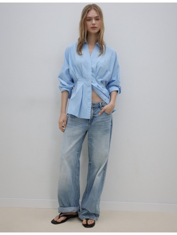 stradivarius πουκάμισο ποπλίνα με πιέτες σιέλ s