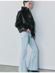 stradivarius τζάκετ balloon με ζώνη και όψη δέρματος μαύρο m