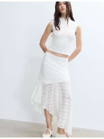 stradivarius ασύμμετρη μίντι φούστα δαντέλα εκρού xl