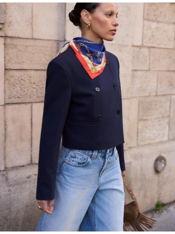 stradivarius κοντό σακάκι με στρογγυλή λαιμόκοψη navy blue l σε προσφορά