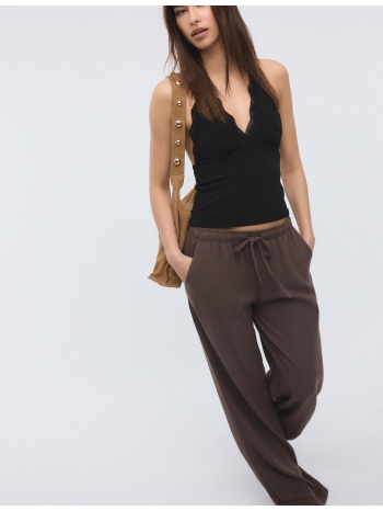 stradivarius χυτό παντελόνι με όψη λινού καφέ xs