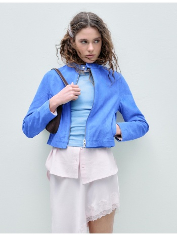 stradivarius μοτοσικλετιστικό μπουφάν από 100% δέρμα μπλε