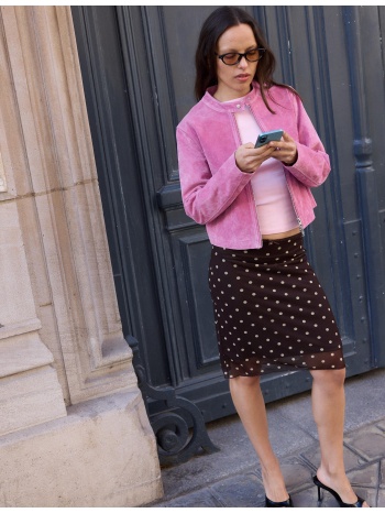 stradivarius μοτοσικλετιστικό μπουφάν από 100% δέρμα ροζ