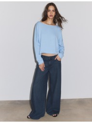 stradivarius κοντό πουλόβερ με λαιμόκοψη χαμόγελο σιέλ xl