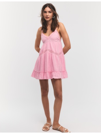 stradivarius κοντό φόρεμα με δαντέλα ροζ της τσιχλόφουσκας l