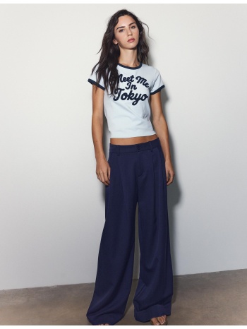 stradivarius παντελόνι αμπιγιέ φαρδύ μπαντζάκι με πιέτες