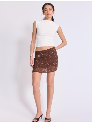 stradivarius μίνι φούστα-σορτς με κεντήματα καφέ s