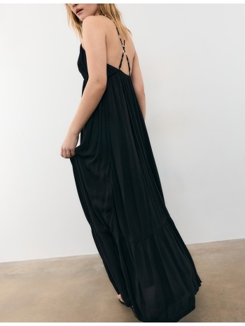 stradivarius μακρύ φόρεμα με τιράντες και χάντρες μαύρο xs