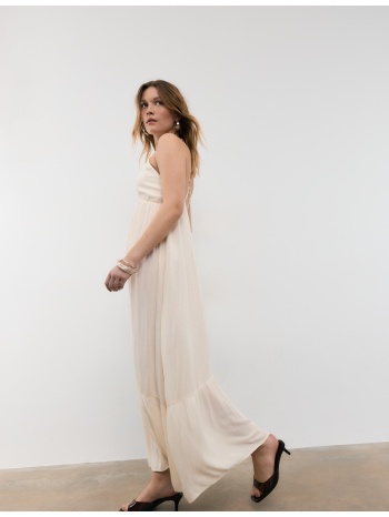 stradivarius μακρύ φόρεμα με τιράντες και χάντρες βανίλια m