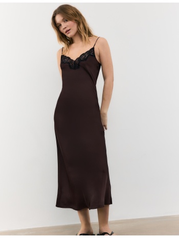 stradivarius σατινέ φόρεμα με δαντέλα καφέ xl