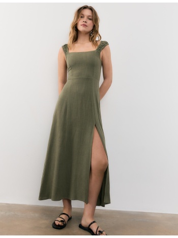 stradivarius μίντι φόρεμα με χιαστί πλάτη και εφέ λινού