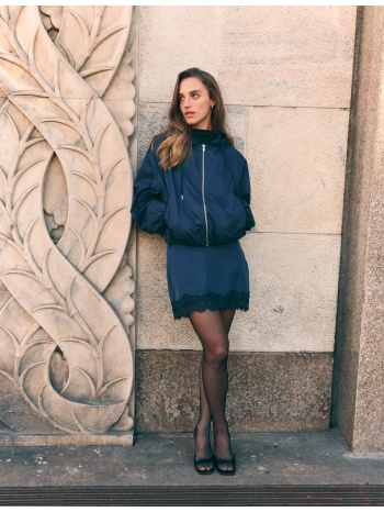 stradivarius βασικό τζάκετ από νάιλον με κουκούλα navy blue