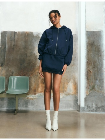 stradivarius μίνι σατινέ φούστα δαντέλα σκούρο μπλε m