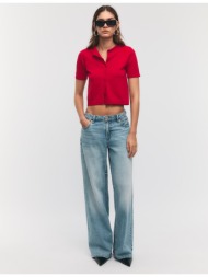 stradivarius πλεκτή ζακέτα με κουμπιά και γιακά μάο κόκκινο l