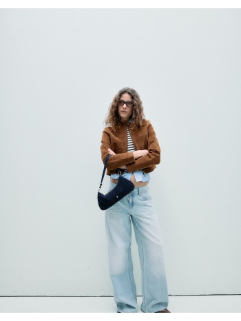 stradivarius μπουφάν μηχανής 100% δέρμα καφέ l