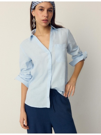 stradivarius χυτό πουκάμισο με τσέπη και όψη λινού σιέλ xl