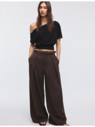 stradivarius παντελόνι maxi πιέτα με ζώνη καφέ 44