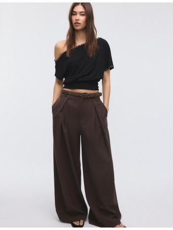 stradivarius παντελόνι maxi πιέτα με ζώνη καφέ 44