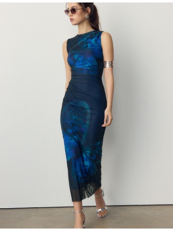 stradivarius εμπριμέ μίντι φόρεμα από τούλι navy blue xs