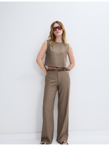 stradivarius ίσιο παντελόνι όψη λινό με ζώνη καφέ 38