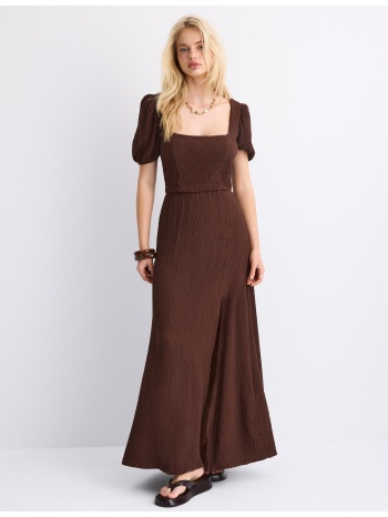 stradivarius μακρύ ριχτό φόρεμα με χιαστί πλάτη καφέ l