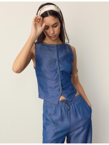 stradivarius αμάνικο τοπ με τζιν κουμπιά μπλε μεσαίας