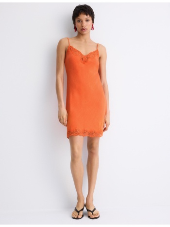 stradivarius κοντό ρουστίκ φόρεμα δαντέλα πορτοκαλί xs