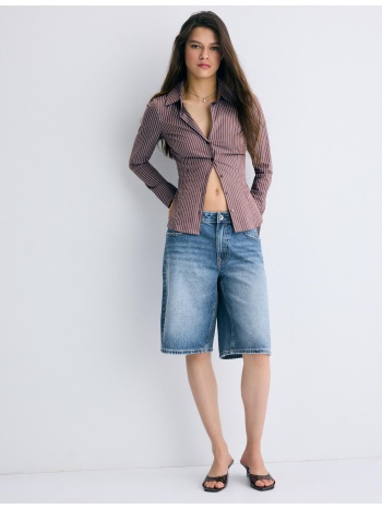 stradivarius βασικό fitted ριγέ πουκάμισο καφέ xl