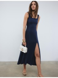 stradivarius μίντι φόρεμα με χιαστί πλάτη και όψη λινού navy blue s