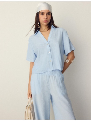 stradivarius αέρινο πουκάμισο με κουμπιά σιέλ xs