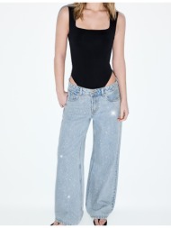 stradivarius χαμηλόμεσο τζιν με φαρδύ μπαντζάκι και γκλίτερ γαλάζιο 40