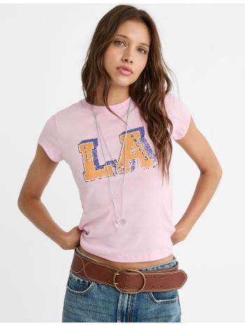 stradivarius μπλούζα με τύπωμα la ροζ της τσιχλόφουσκας xs