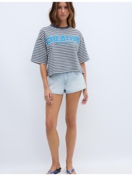 stradivarius κοντομάνικη ριγέ μπλούζα με τύπωμα navy blue s