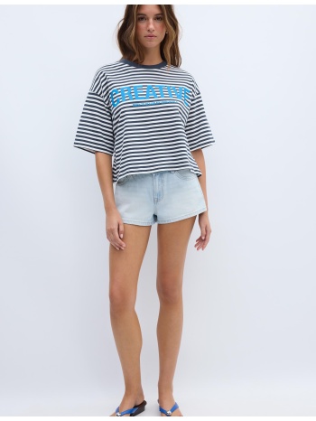 stradivarius κοντομάνικη ριγέ μπλούζα με τύπωμα navy blue s