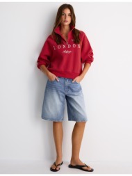 stradivarius φούτερ με φερμουάρ και κεντήματα κόκκινο xs