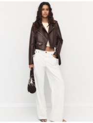 stradivarius τζάκετ μηχανής με ζώνη και όψη δέρματος καφέ xs