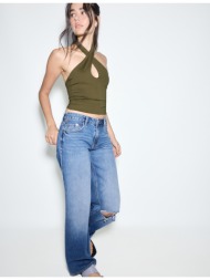stradivarius d91 τζιν με χαμηλή μέση και φαρδύ μπατζάκι σκούρο μπλε 38