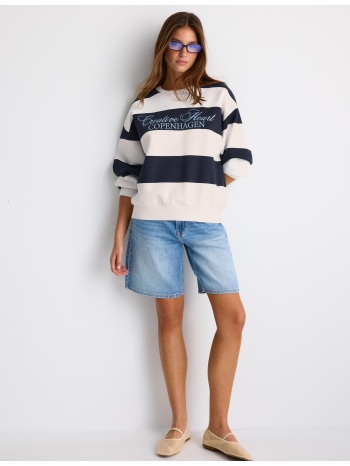 stradivarius φούτερ με κέντημα και ρίγες navy blue s