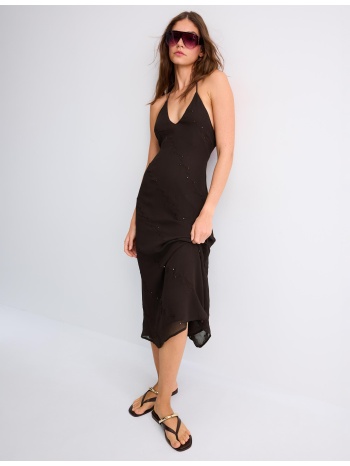 stradivarius μακρύ φόρεμα με κέντημα και λαιμόκοψη halter