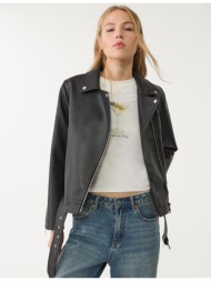 stradivarius τζάκετ μηχανής με όψη δέρματος μαύρο s