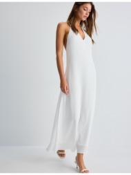 stradivarius maxi φόρεμα με λαιμόκοψη halter από μπαμπούλα λευκό m