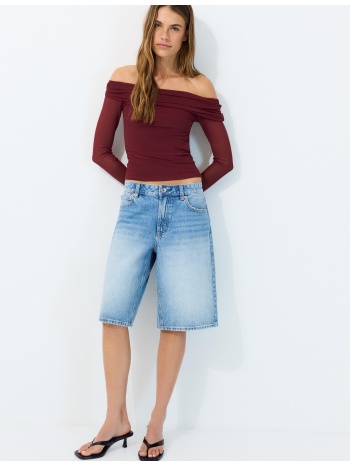 stradivarius ασύμμετρη μπλούζα από τούλι μελιτζανί xs σε προσφορά