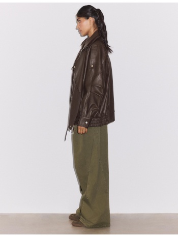 stradivarius oversize τζάκετ με πέτο με όψη δέρματος καφέ s