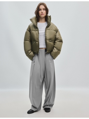 stradivarius cropped μπουφάν με επένδυση με φτερά χακί xl