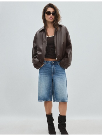 stradivarius καπιτονέ bomber τζάκετ όψης δέρματος καφέ l