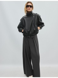stradivarius biker τζάκετ με όψη δέρματος και μανίκια μπαλόνι μαύρο s