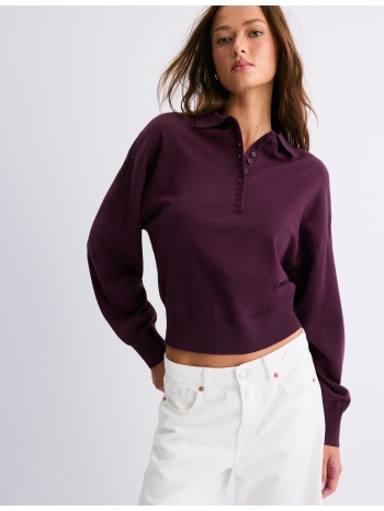 stradivarius πλεκτό πουλόβερ με γιακά polo σκούρο μωβ xl